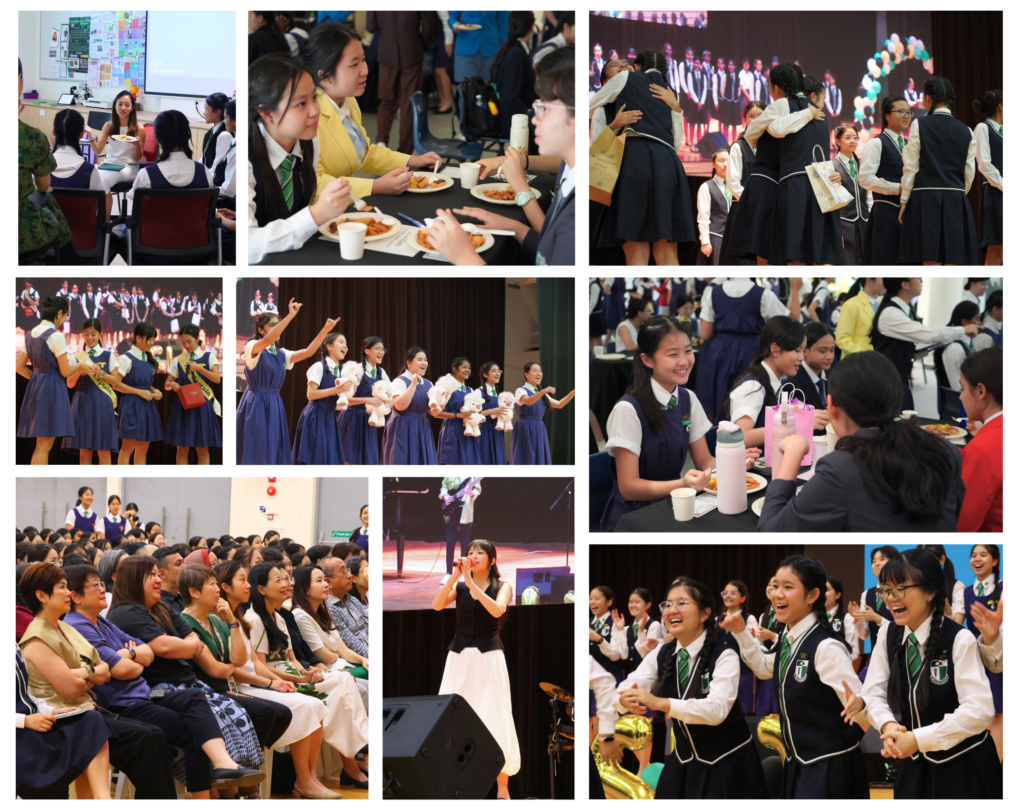 A photo collage of students wearing vests doing cheers, hugging each other, having meals together, and exchanging gifts.